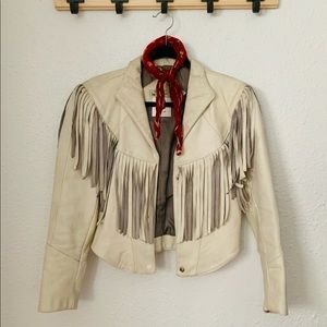 White Fringe Leather Jacket by Genuine Leather